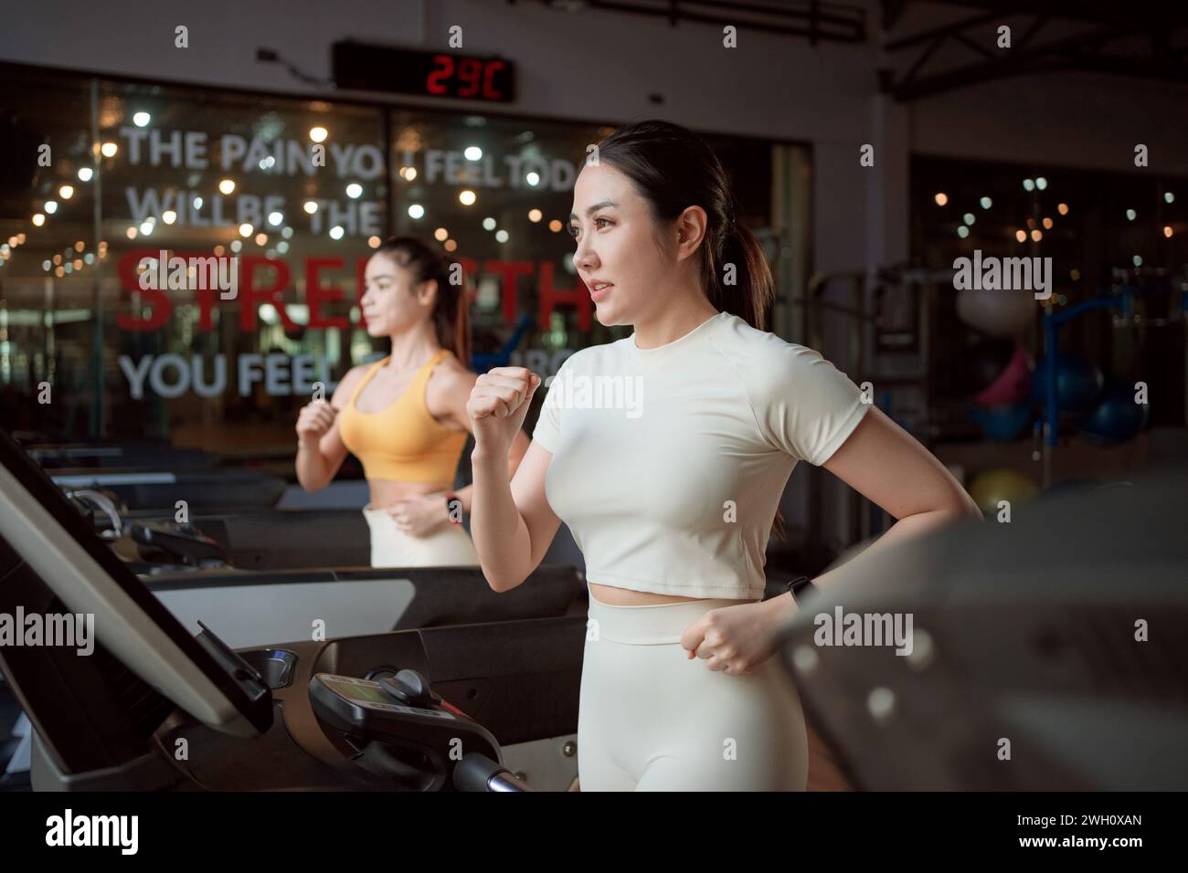 Zwei junge Frauen joggen auf dem Laufband während ihres Sporttrainings in einem Fitnessstudio. Stockfoto