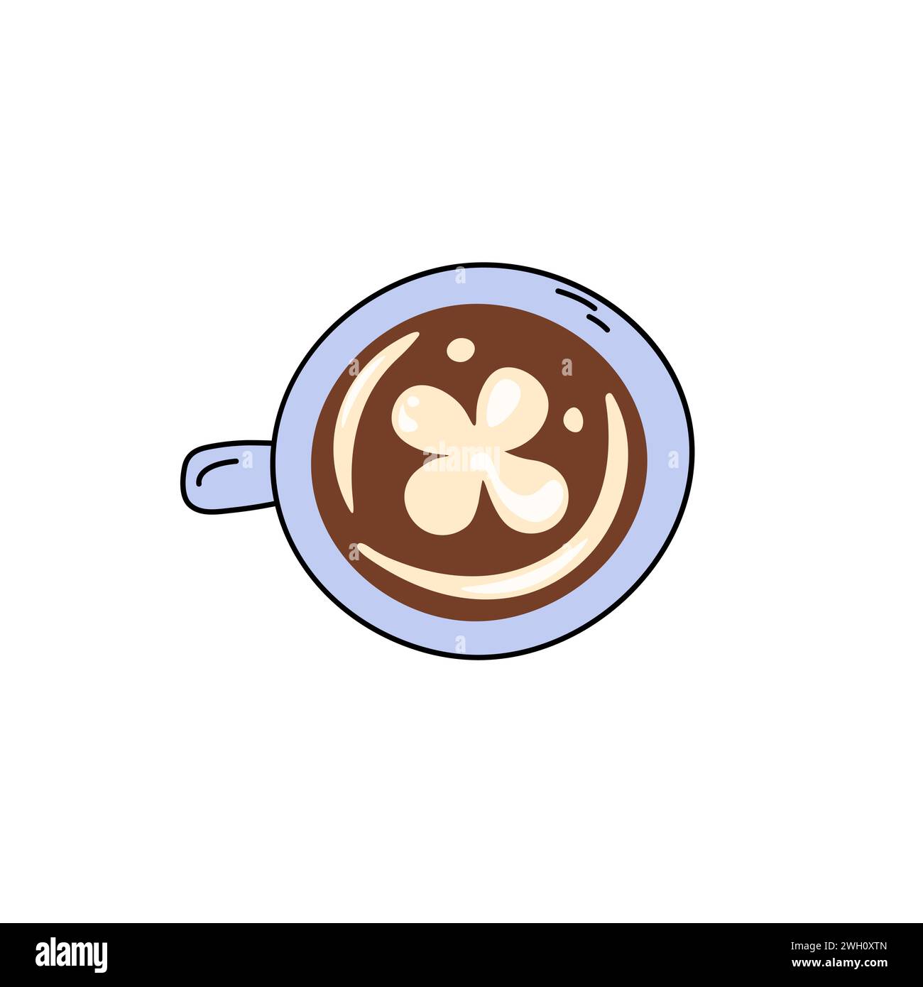 Coffee Cup Draufsicht Kritzelvektor-Illustration. Niedliches Designelement. Einfacher handgezeichneter Cappuccino-Kaffee mit Schaumkunstmuster. Stock Vektor