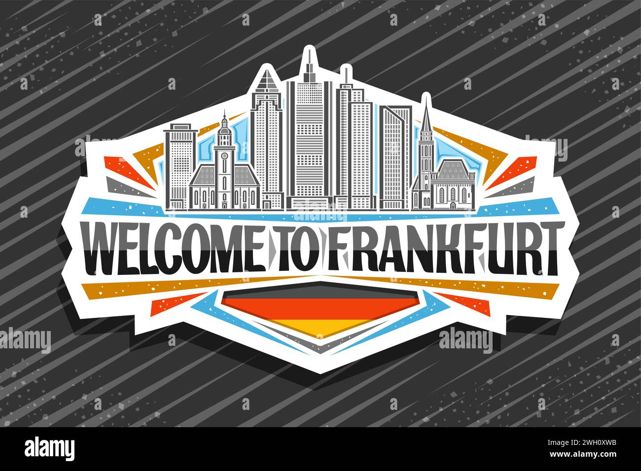 Vektor-Logo für Frankfurt, weißes dekoratives Etikett mit Illustration der europäischen frankfurter Stadtlandschaft auf Tag-Himmel-Hintergrund, Linie Art Design Kühlschrank Stock Vektor