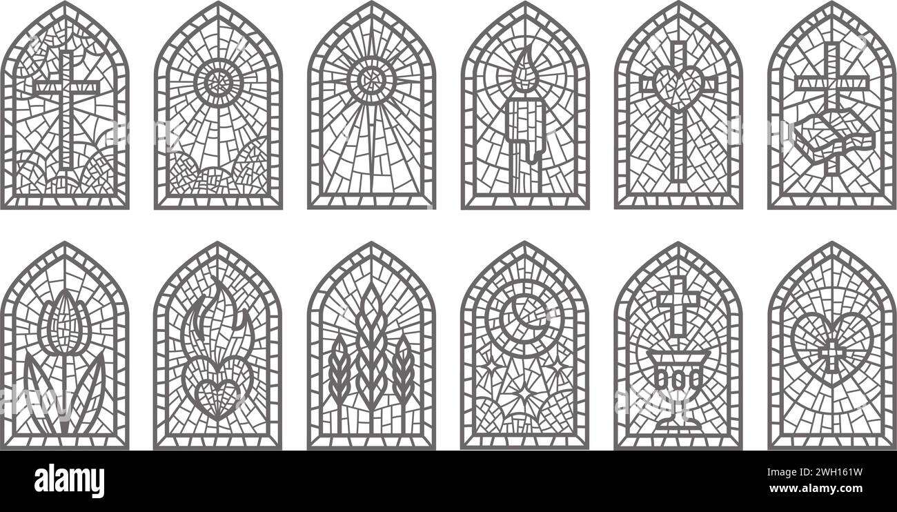 Glasfenster mit Mosaik. Religiös-katholische und christliche Rahmen mit Muster. Mittelalterliche Buntbögen isoliert auf weißem Hintergrund Stock Vektor