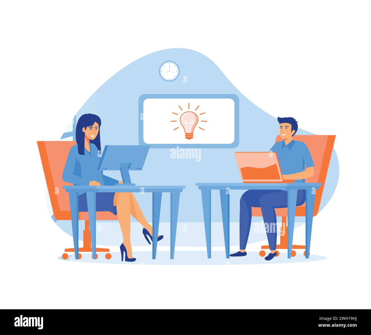 Online-Assistent bei der Arbeit. Manager bei der Fernarbeit, auf der Suche nach neuen Ideen, Zusammenarbeit im Unternehmen, Brainstorming. Flat Vector Moder Stock Vektor