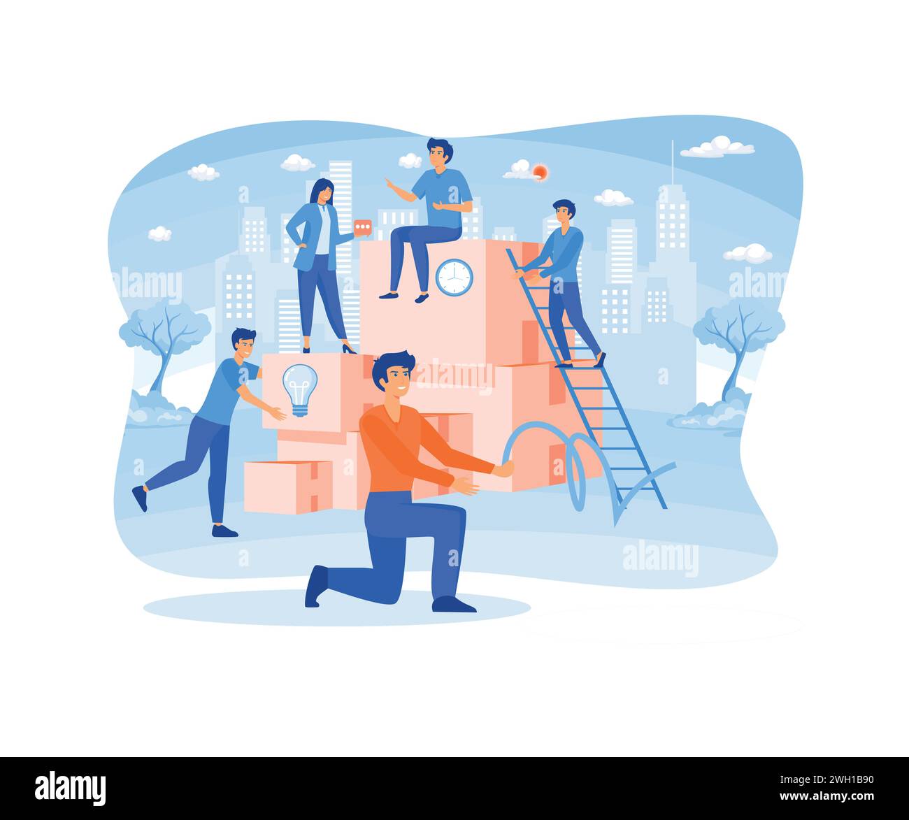 Online-Assistent bei der Arbeit. Menschen, die nach neuen Ideenlösungen suchen, im Unternehmen zusammenarbeiten, Brainstorming durchführen, Zusammenarbeit durchführen. Flacher Vektor modern Stock Vektor