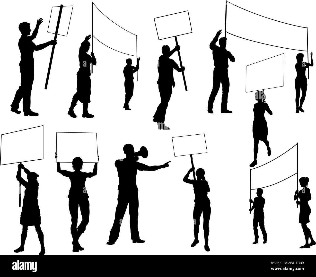 Protest Rally März Banner Zeichen Silhouette Leute Stock Vektor