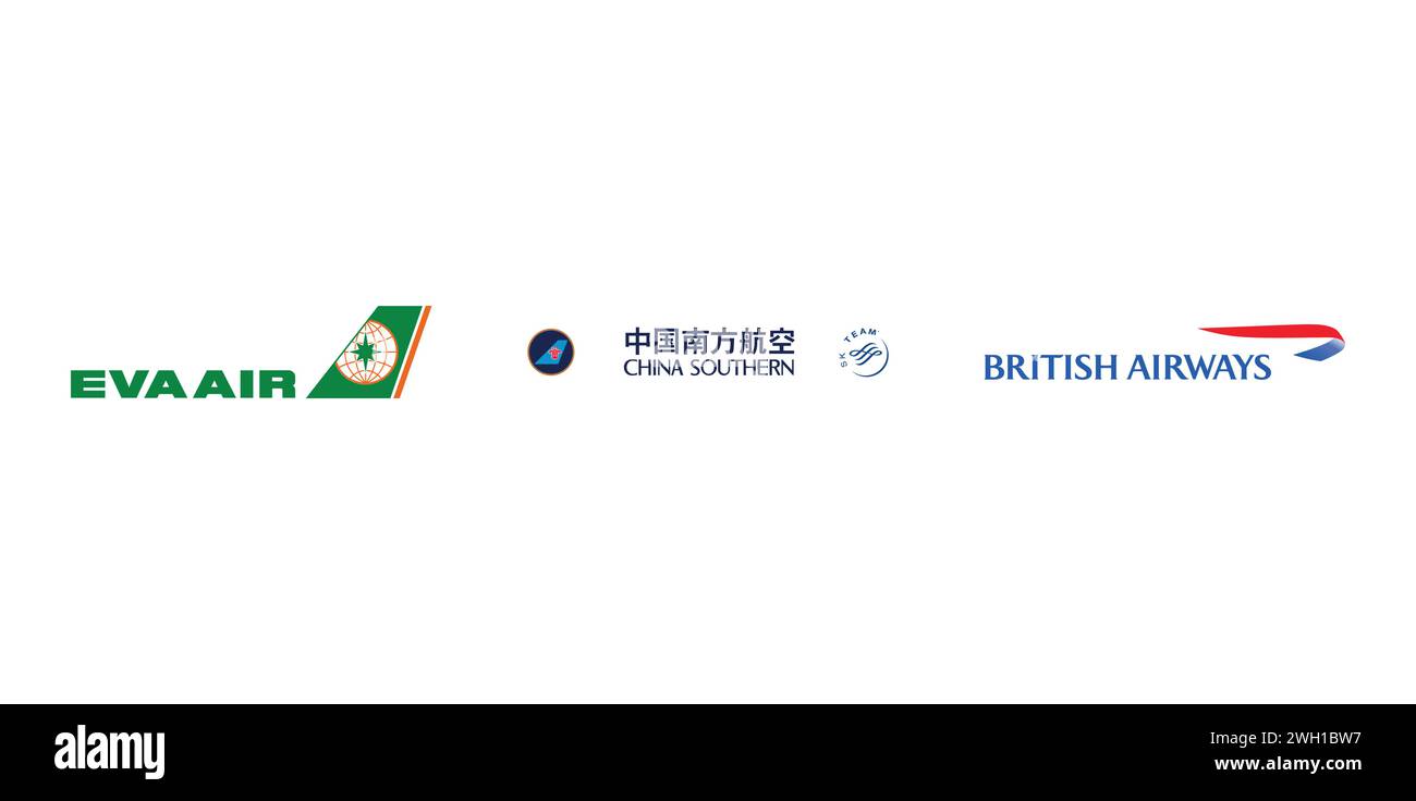 EVA, China Southern Airlines, British Airways. Markenemblem der Redaktion. Stock Vektor