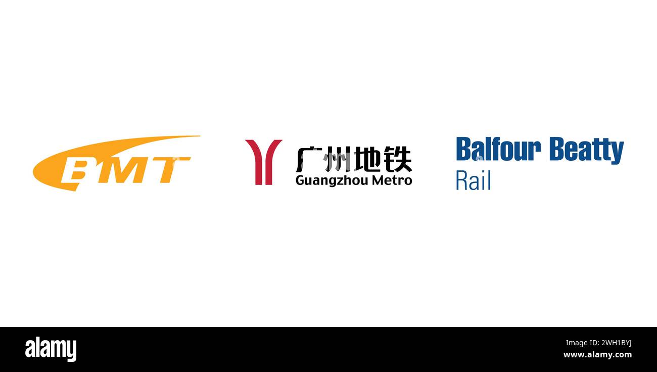 Binhai Mass Transit Development Corporation, Balfour Beatty Rail GmbH, Guangzhou Metro. Markenemblem der Redaktion. Stock Vektor