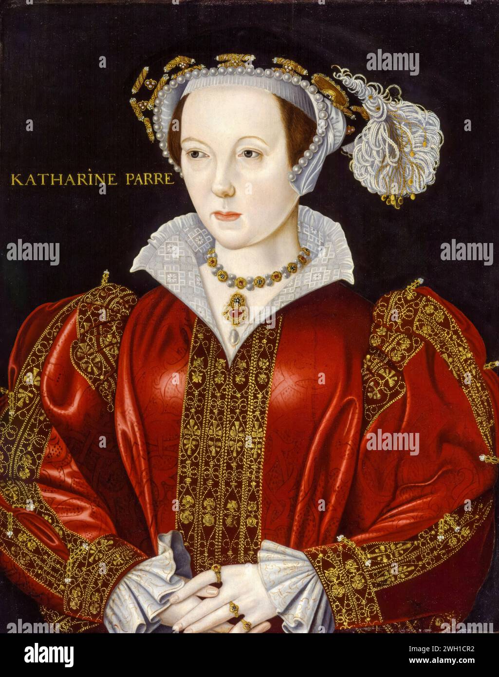 Catherine Parr oder Katherine Parr (1512–1548), Königin von England und Irland (1543–1547), Portraitgemälde in Öl auf Tafel, 1575-1599 Stockfoto