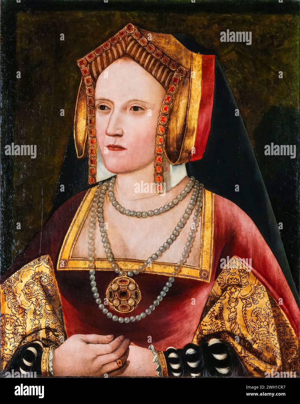Katharina von Aragon oder Katherine von Aragon (1485–1536), Königin von England (1509–1533), Porträtmalerei in Öl auf Tafel, um 1520 Stockfoto