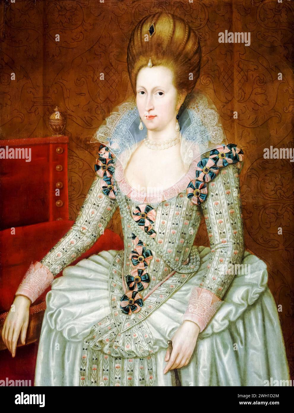 Anne von Dänemark (1574–1619), Königin von Schottland 1589-1619 und Königin von England und Irland 1603–1619, Porträtgemälde in Öl auf Tafel von John de Critz, um 1605 Stockfoto