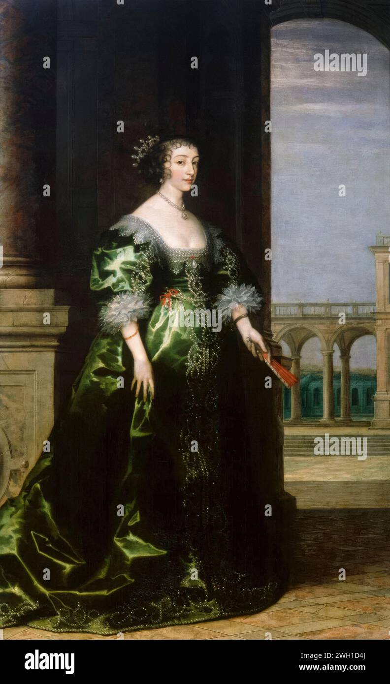 Königin Henrietta Maria (1609–1669), Gemahlin und Ehefrau von Karl I. von England, Schottland und Irland, Porträtmalerei in Öl auf Leinwand, um 1635 Stockfoto