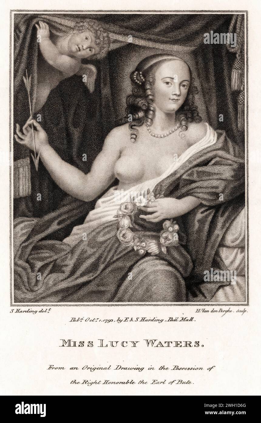Lucy Walter (ca. 1630–1658), walisische Geliebte von König Karl II., Mutter von James Scott, 1. Duke of Monmouth, Porträtstich von Ignatius Joseph van den Berghe nach S.Harding, 1793 Stockfoto