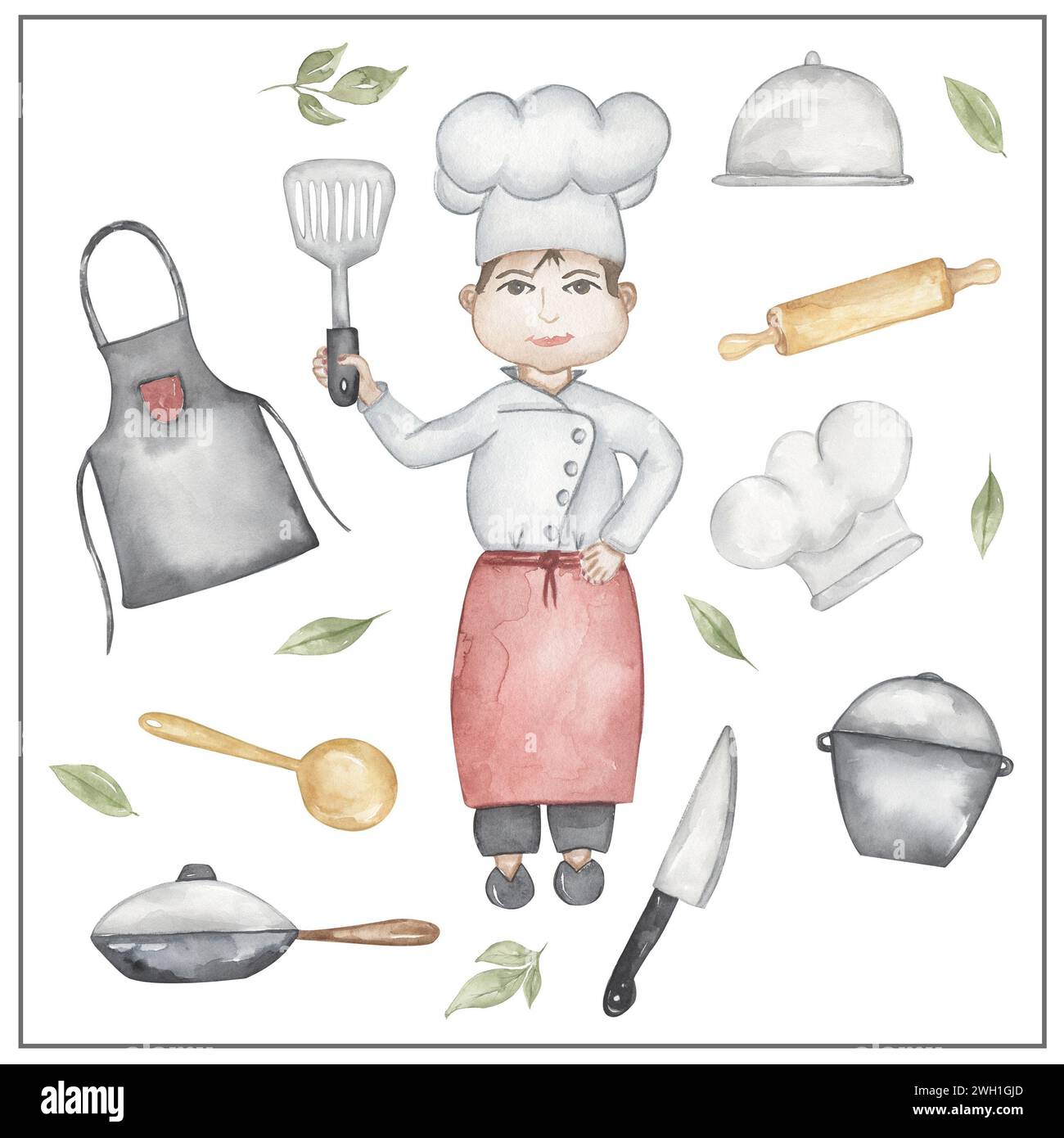 Aquarellkoch Clipart, handgezeichnete Küchenutensilien Illustration. Mann-Kocher, der an der Küche arbeitet, Kinder-Schulkarten-Clip-Art, lehrreiches, süßes Chi Stockfoto