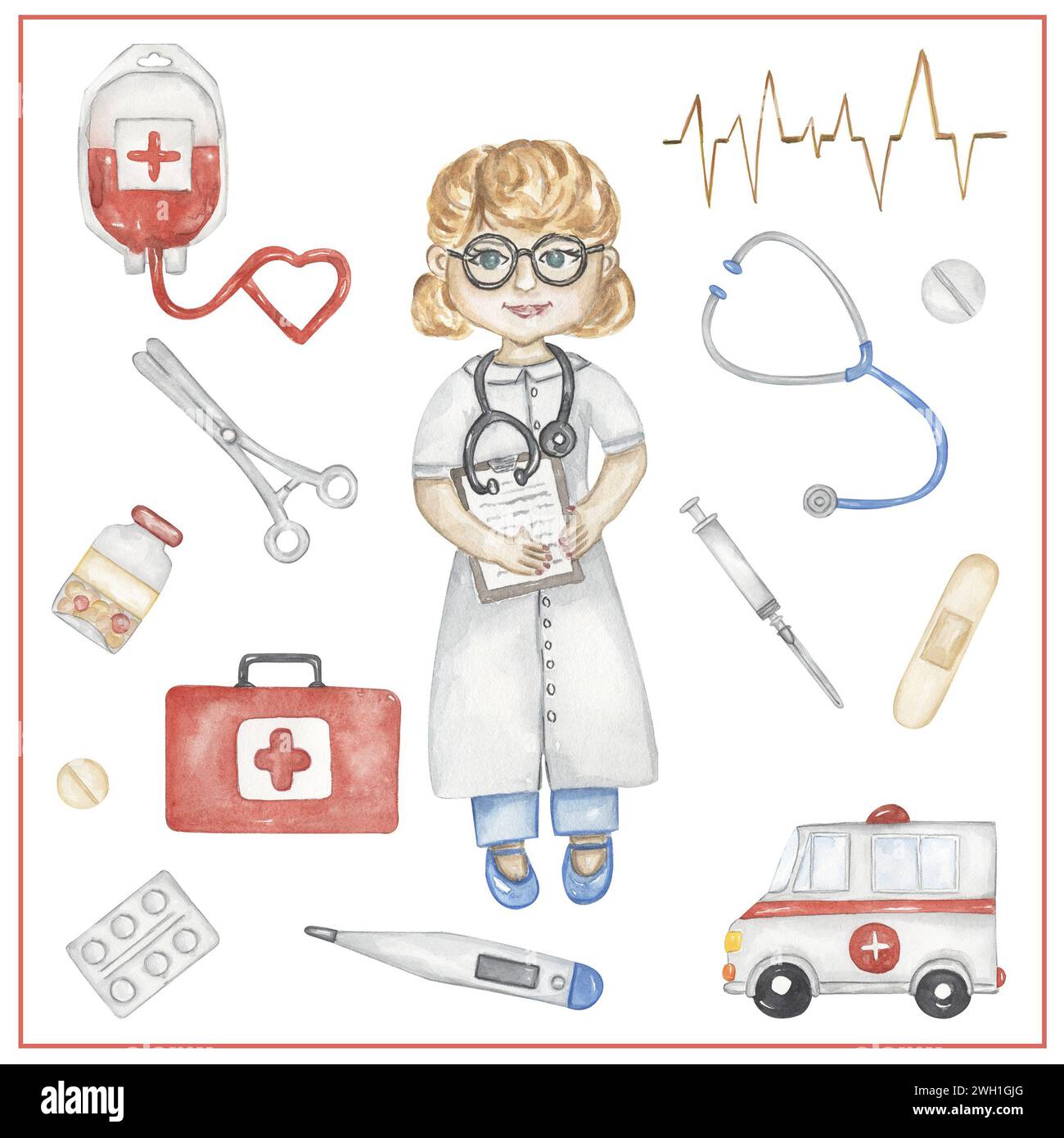 Aquarell Arzt Clipart, Hand gezeichnete Medizin Zubehör Illustration. Frau, die im Krankenhaus arbeitet, Kinder Schulkarten ClipArt, lehrreiche, süße Chill Stockfoto