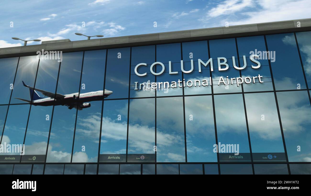 Flugzeuge landen in Columbus, Ohio, USA 3D-Rendering-Illustration. Ankunft in der Stadt mit dem Glasflughafen und Reflexion des Jetflugzeugs. Tr Stockfoto