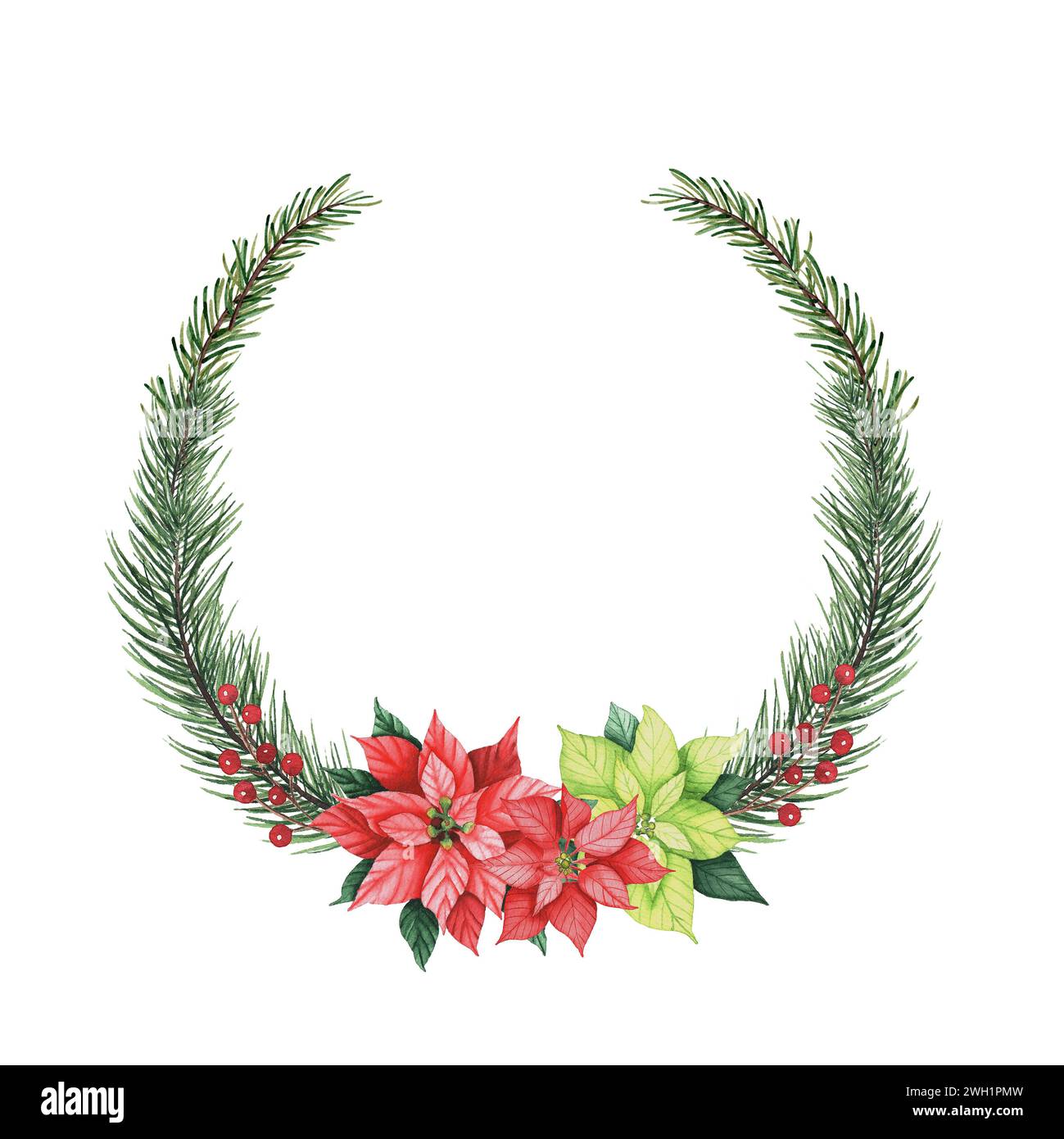 Weihnachtskranz mit Weihnachtsstern, Tannenzweigen, Beeren Stockfoto
