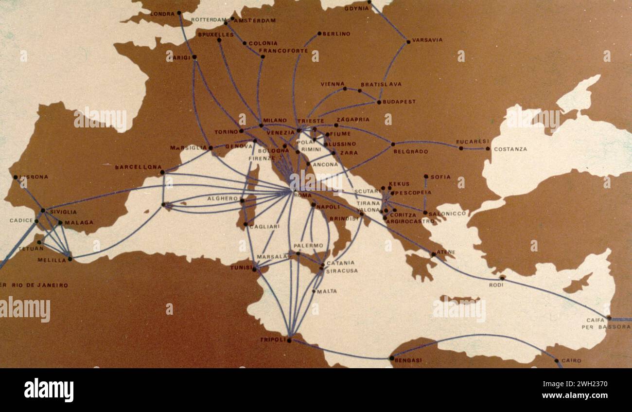 Karte mit dem italienischen kommerziellen Luftverkehrsnetz vor dem Zweiten Weltkrieg, 1930er Jahren Stockfoto