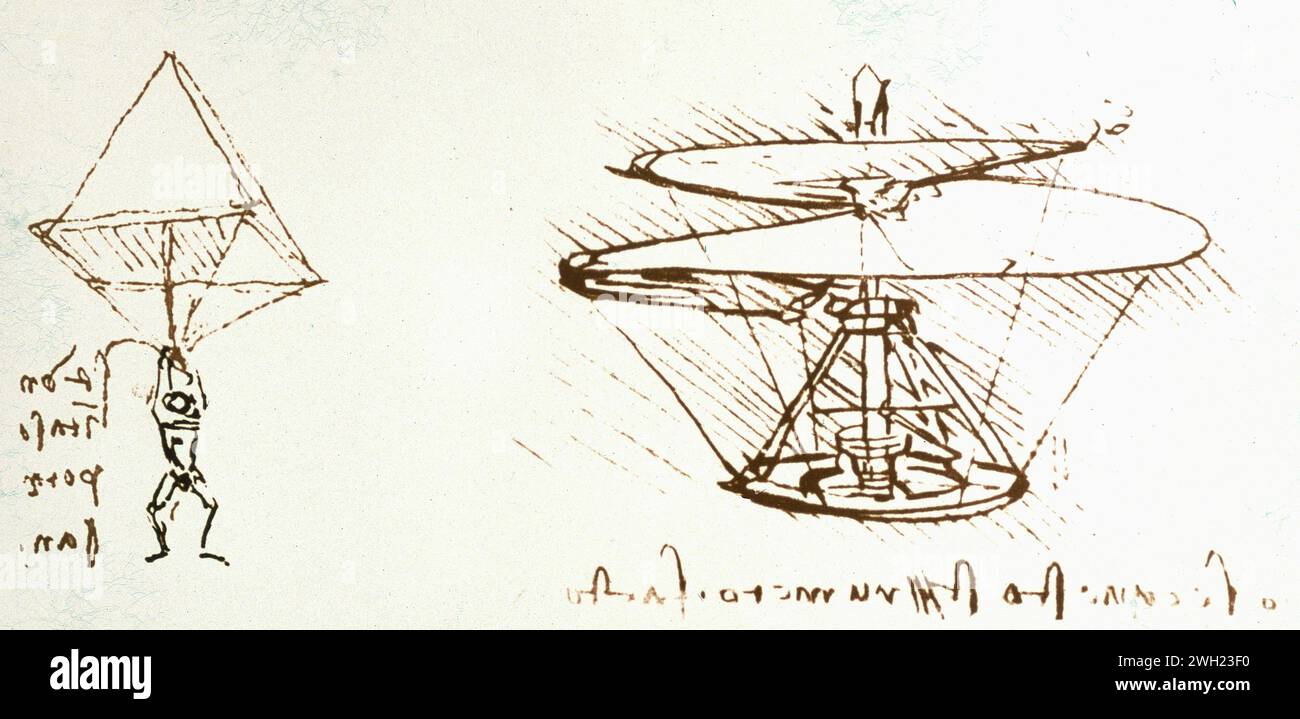 Fallschirm und Luftschraube oder Hubschrauber, Zeichnungen des italienischen Künstlers Leonardo da Vinci, Italien 1400er Jahre Stockfoto