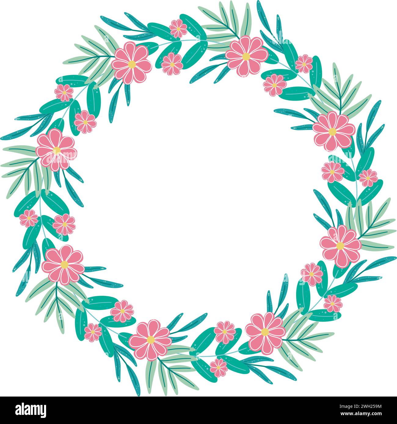 Runder Rahmen mit Frühlingsblumen und Kräutern, Kopierraum. Sommerkranz mit Blumenmuster. Lünette mit Blumen, Laub und Kräutern. Leere Vorlage für Einladung, Karte Stock Vektor