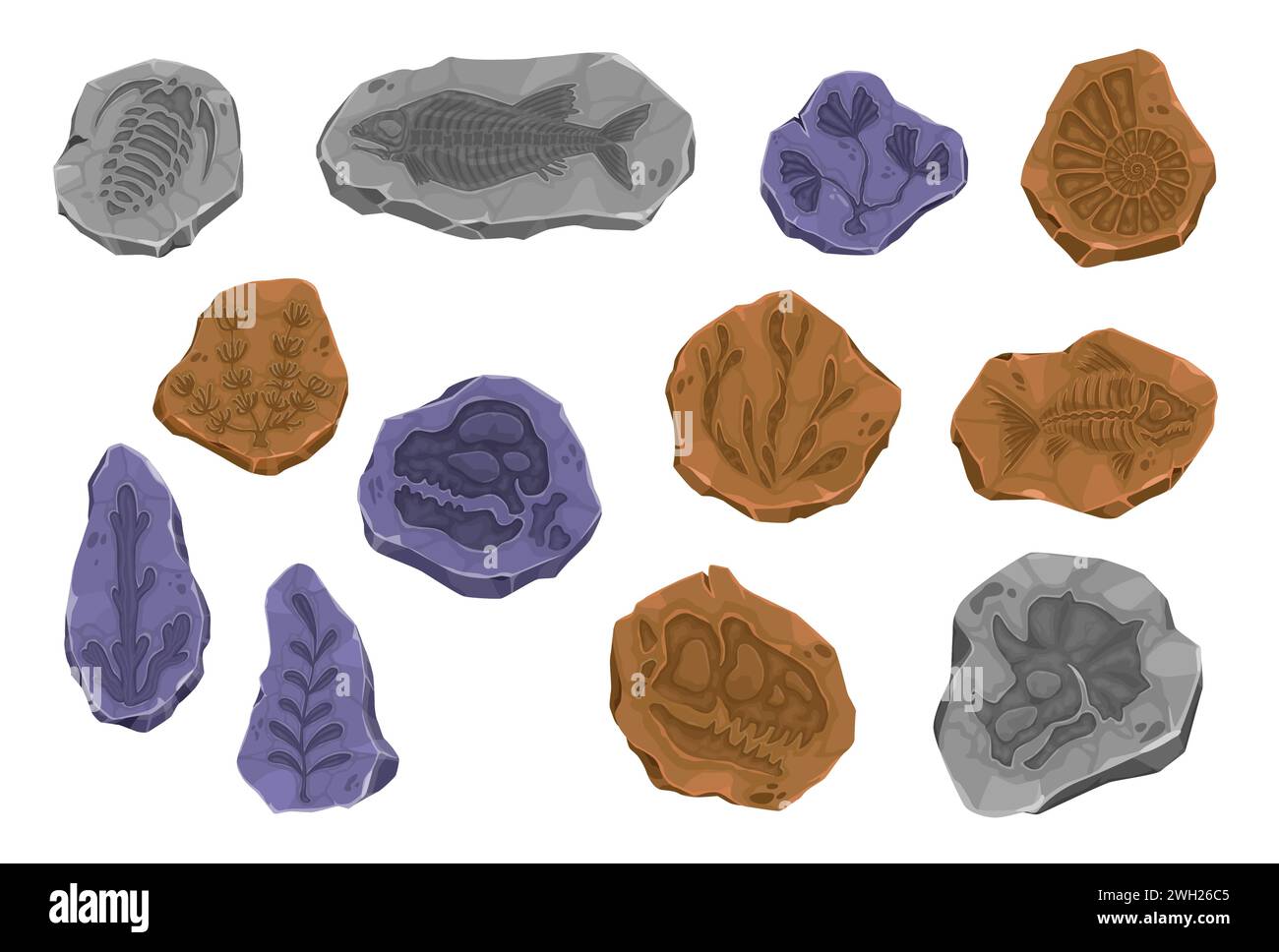 Altes Dinosaurierfossil, Fischskelett und Pflanzenabdruck in Stein. Vektorprähistorische Evolutionsgegenstände, archäologische Grabgruppe. Dino-Fußabdrücke, Meerestiere und Muschelschalen in alten Steinstücken Stock Vektor