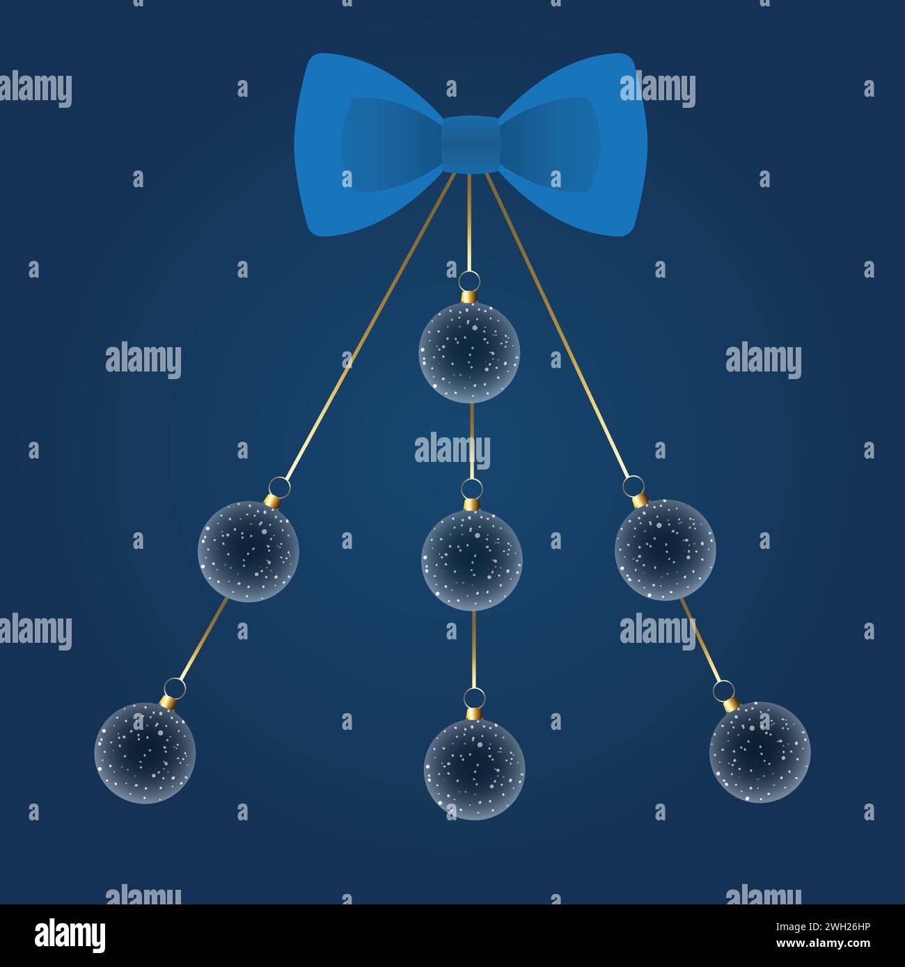 Blaue Schleife mit hängenden weihnachtskugeln in Form eines weihnachtsbaums Stock Vektor