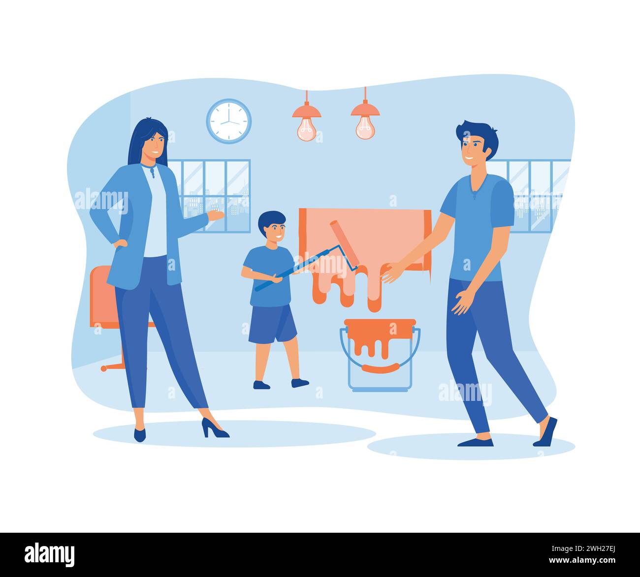 Hausreparaturkonzept. Glückliche, lächelnde Familie mit Kindermalerei Wand mit Roller. Moderne Illustration des flachen Vektors Stock Vektor