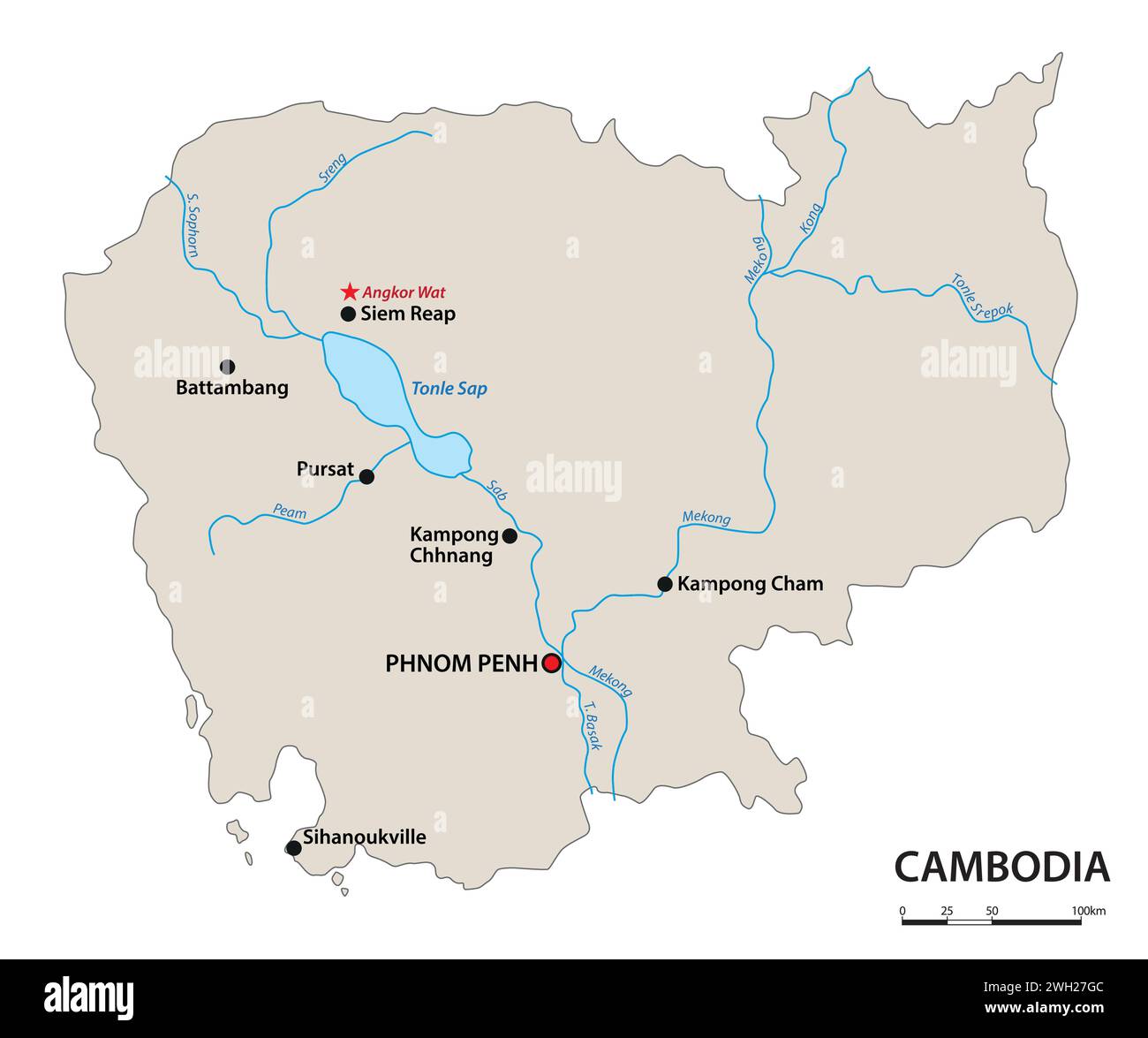 Einfache Übersichtskarte des Königreichs Kambodscha Stock Vektor