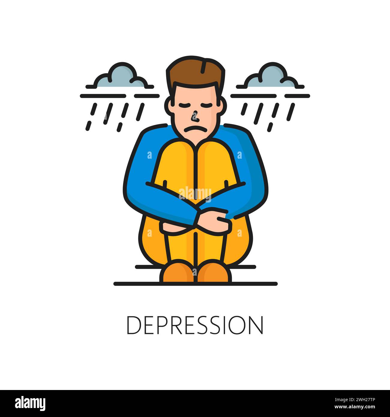 Depression psychische Störung Problem, psychische Gesundheit Vektor lineares Symbol repräsentiert Gefühle der Traurigkeit, Hoffnungslosigkeit und emotionale Kämpfe in schwierigen Zeiten. Unglückliche Person und regnerische Wolken Stock Vektor