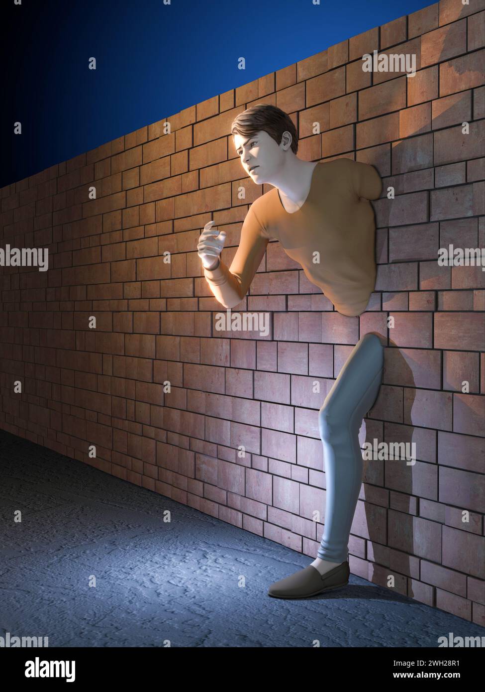 Mann, der eine Mauer überquert. Digitale Illustration, 3D-Rendering. Stockfoto