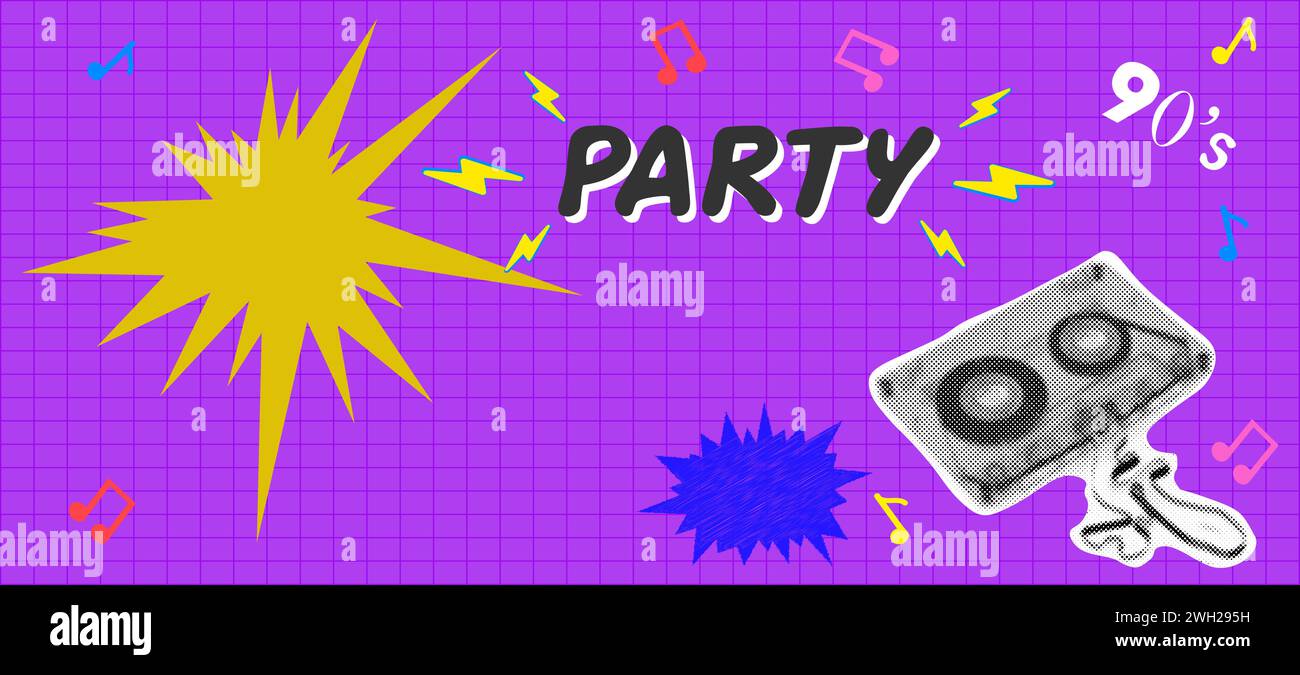 Retro-Party-Poster. Trendiges Rastone-Collage-Banner, moderne Retro-Designkarte, Festival-Einladung. Vektorabbildung Stock Vektor