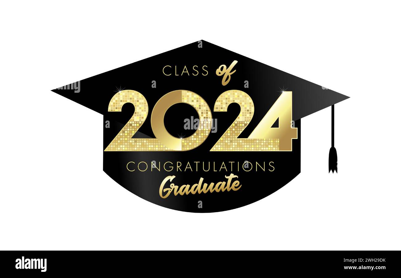 2024 Klasse, schwarze quadratische akademische Mütze, Gratulation Graduate. Party-Foto-Logo für Standdesign mit goldenem Text 2024 und Graduiertenhut. Vektor Stock Vektor