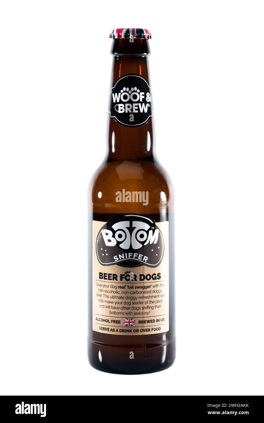 330 ml Flasche Woof and Brew Bottom Sniffer Beer für Hunde auf weißem Hintergrund Stockfoto