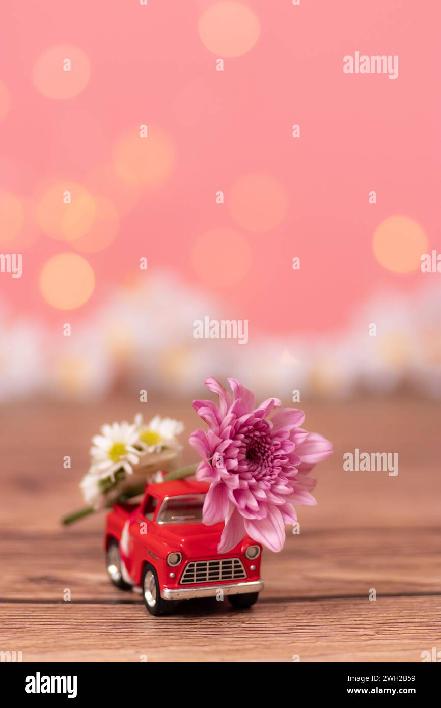 Roter Truck mit einer großen Blume auf der Rückseite des Pickups für die Lieferung des Blumenstraußes zum Valentinstag auf rosa Hintergrund mit unscharfem Blumenfeld Stockfoto