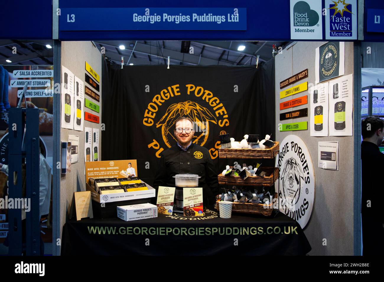 Georgie Porgies Puddings Stand auf der Messe für Essen, Trinken, Catering und Gastgewerbe, die am 7. Februar 2014 in Westpoint Exeter U.K stattfand Stockfoto