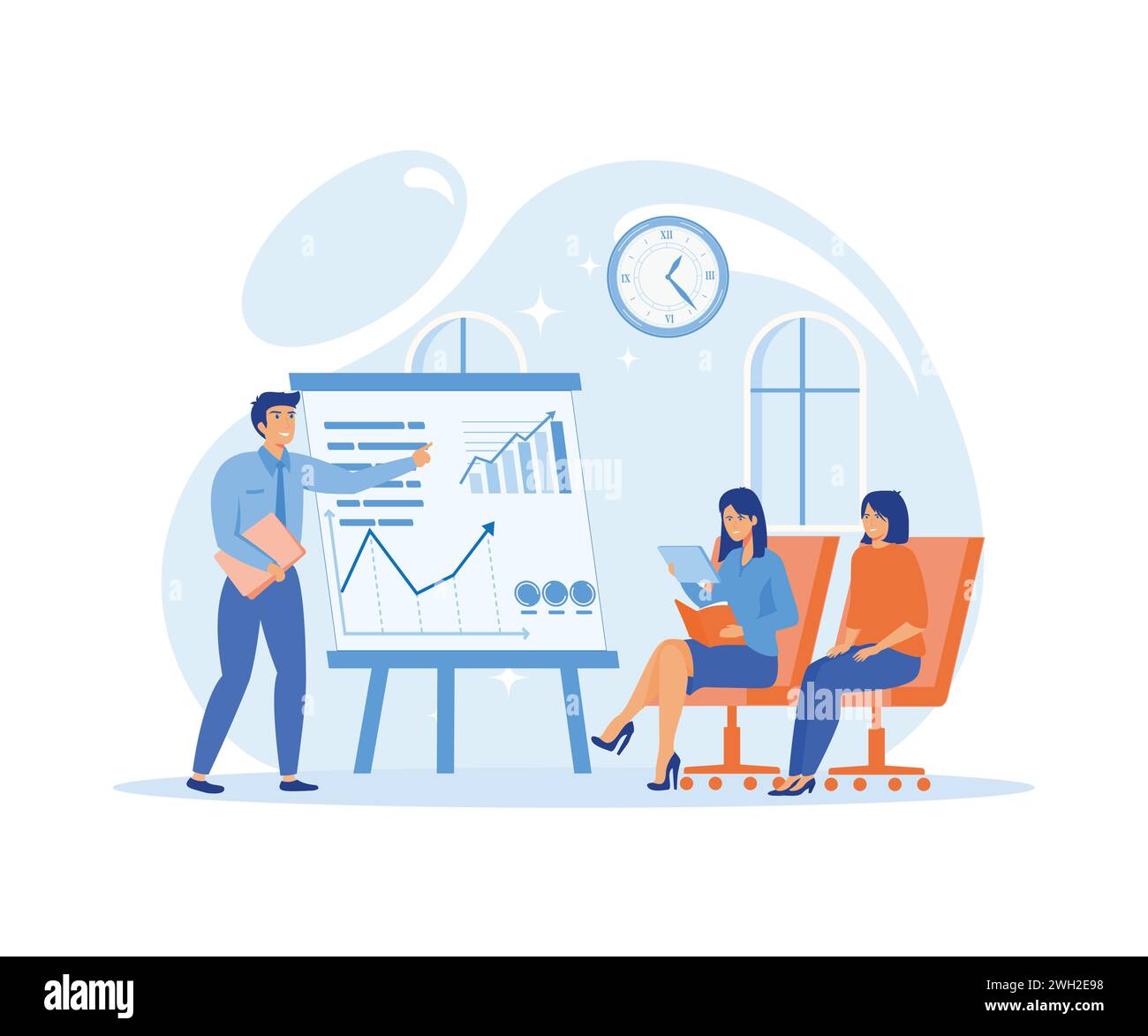 Kandidat für Office Supervisor gibt eine Präsentation im Business Seminar mit Tortendiagramm. Moderne Illustration des flachen Vektors Stock Vektor