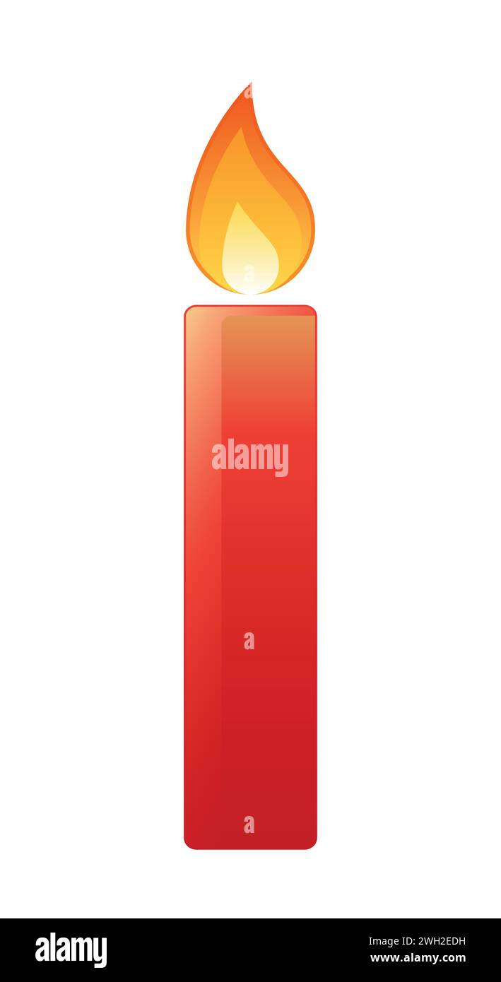 Beleuchtete Kerze, Farbvektor-Illustration der brennenden Kerze mit Flamme isoliert auf weiß Stock Vektor