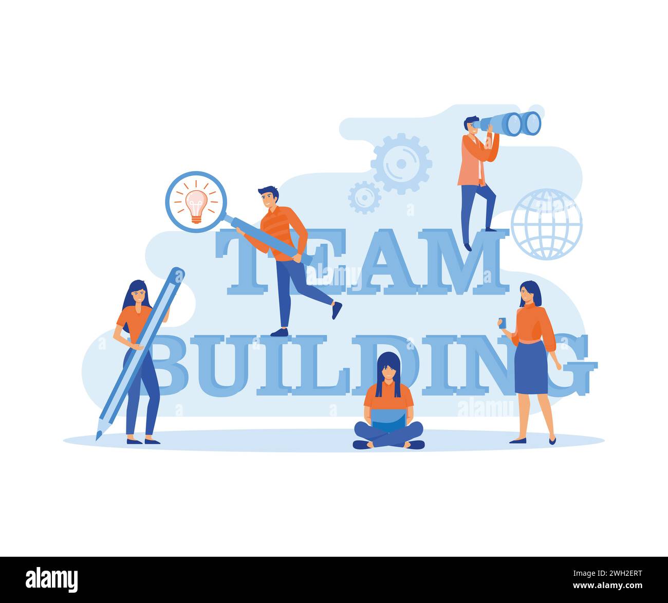 Teambuilding-Konzept. Eine Gruppe von Mitarbeitern versammelt sich und arbeitet zusammen, um gute Geschäftsergebnisse zu erzielen. Idee der Kommunikation und Zusammenarbeit. Flat Vector Moder Stock Vektor