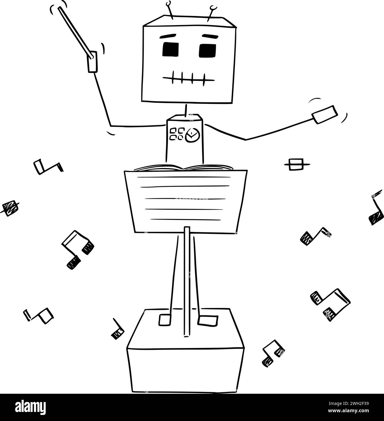 Roboter-Leiter Führendes Orchester, Vektor-Cartoon-Stick-Abbildung Stock Vektor