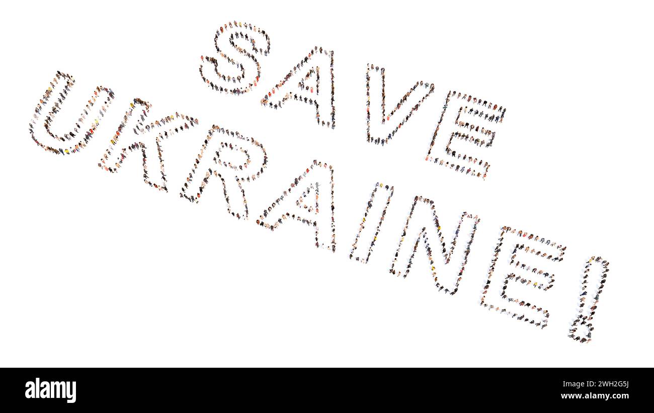 Begriffliche große Gemeinschaft von Menschen, die DIE BOTSCHAFT "SAVE UKRAINE" formt. 3D-Abbildung Metapher für Hilfe, Hilfe, militärische und wirtschaftliche Unterstützung Stockfoto