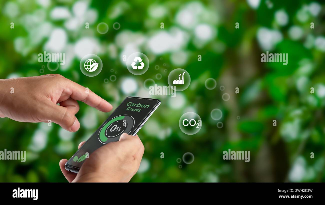 Mensch, der ein Smartphone nutzt, um CO2-Gutschriften auf Antrag zu handeln, CO2-Gutschriften-Konzept, CO2-etf für Investitionen in nachhaltiges Geschäft, umweltfreundlicher Klimaspaß Stockfoto