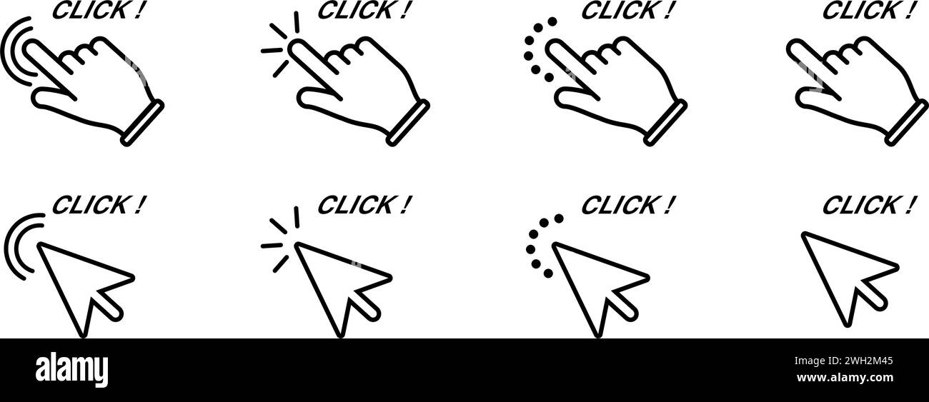 Klicken Sie mit der Hand auf das Symbol in Linienart. Einfaches schwarzes Symbol-Schild für Apps und Websites per Mausklick, Stock Vektor