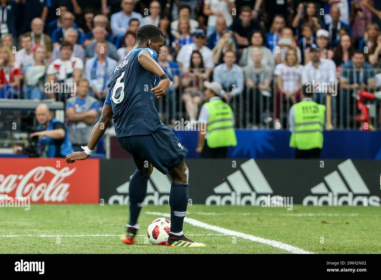 Moskau, Russland. Juli 2018. Paul Pogba (Frankreich) erzielte ein Tor beim Finale der FIFA-Weltmeisterschaft 2018 zwischen Frankreich und Kroatien im Luzhniki-Stadion. Endpunktzahl: Frankreich 4:2 Kroatien. Quelle: SOPA Images Limited/Alamy Live News Stockfoto