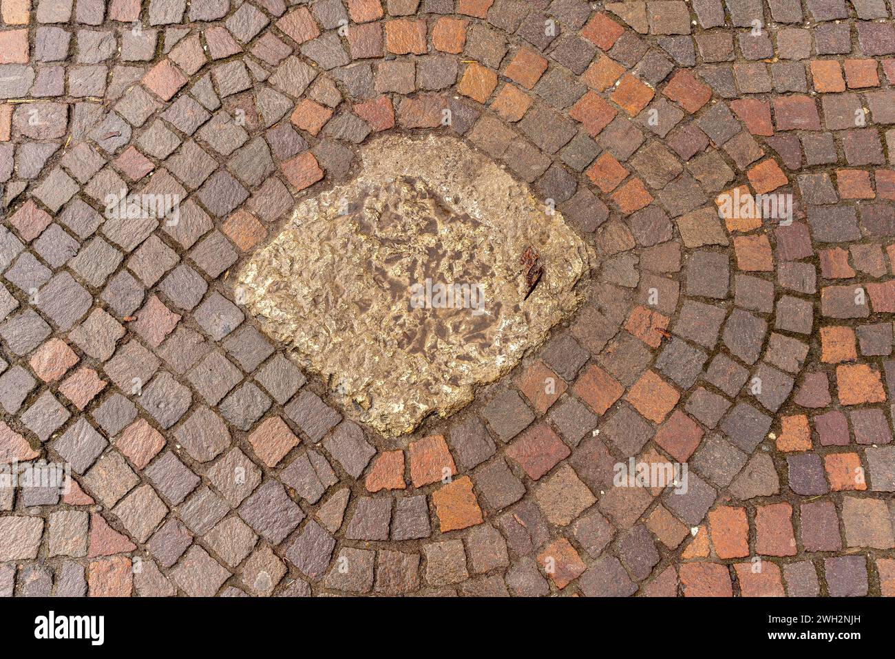 Textur des Gehweges mit rauen quadratischen braunen rötlichen Steinen um einen Betonplatz in der Mitte. Stockfoto