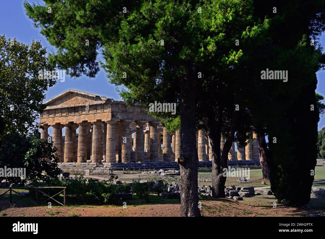 Der griechische Tempel Neptun Paestum im dorischen Stil ist eine antike griechische Stadt an der Küste des Tyrrhenischen Meeres, Magna Graecia. Ruinen von drei griechischen Tempeln Dorik 550 bis 450 v. Chr. Paestum ist eine antike Stadt in Süditalien. Paestum ist bekannt für seine prächtig erhaltenen griechischen Tempel. Roman, Italien, Italienisch Stockfoto