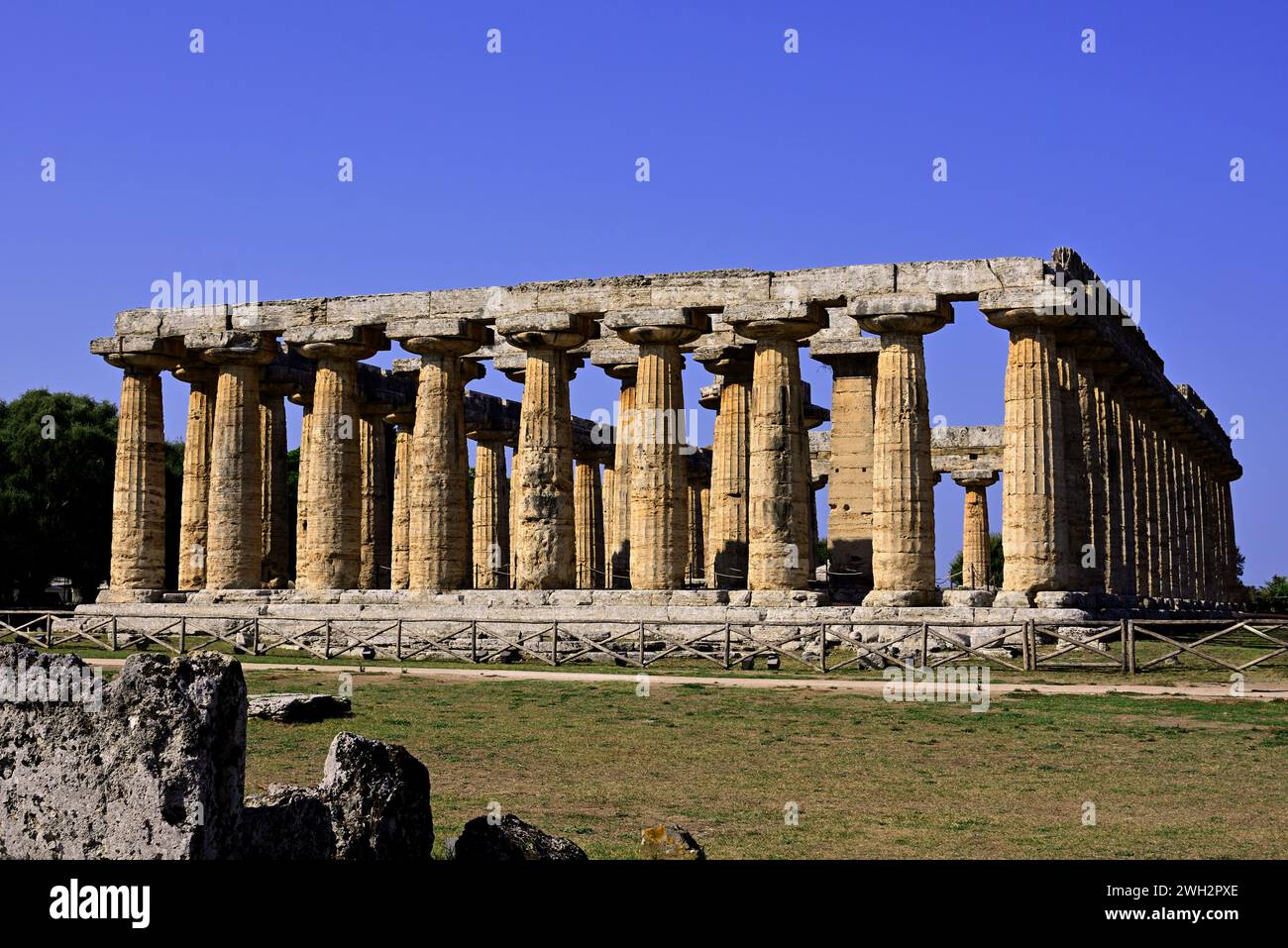 Tempel der Hera (auch bekannt als die Basilika), 530 v. Chr. Paestum ist eine antike griechische Stadt an der Küste des Tyrrhenischen Meeres, Magna Graecia. Roman, Italien, Italienisch . Stockfoto