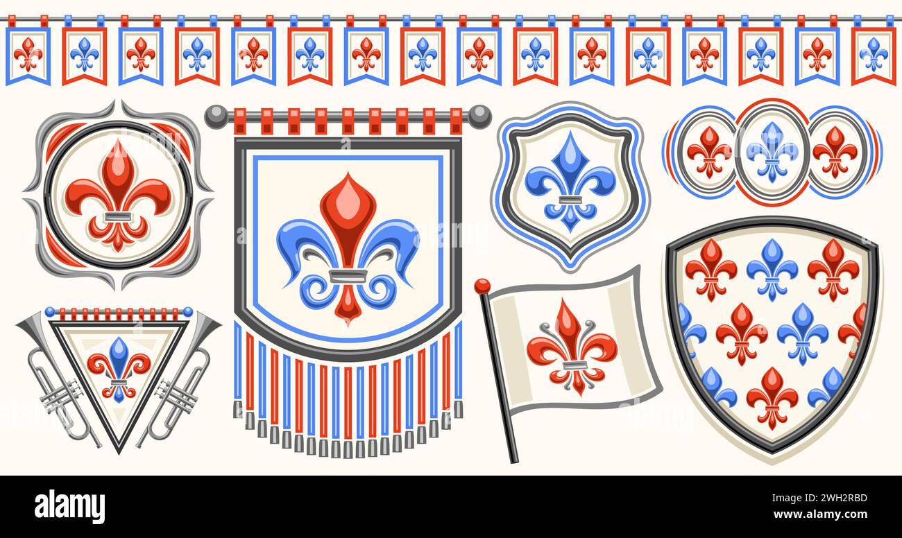 Vector Fleur de Lis Set, horizontales Banner mit Sammlung von ausgeschnittenen Illustrationen von verschiedenen roten und blauen Fleur de Lis Flourishes, nahtloser Buntin Stock Vektor