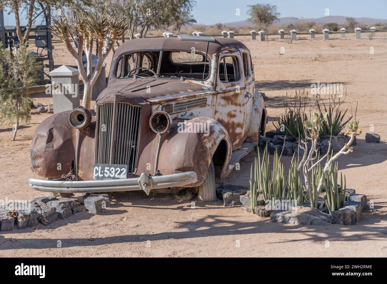 Die Oldtimer-Karosserie aus den 40er Jahren wurde von Rost in der Ausstellung an einer Tankstelle in der Wüste abgenutzt, aufgenommen im hellen Licht des späten Frühlings im Canyon Roadhouse, Namibia Stockfoto