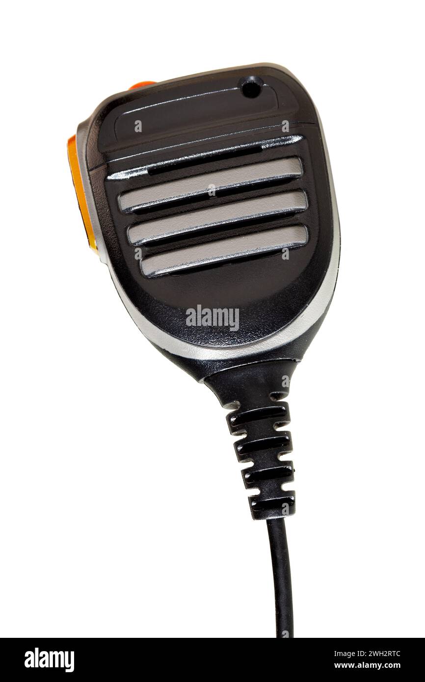 Mikrofon für Zweiwege-Funkgeräte in Nahaufnahme auf weißem Hintergrund Stockfoto