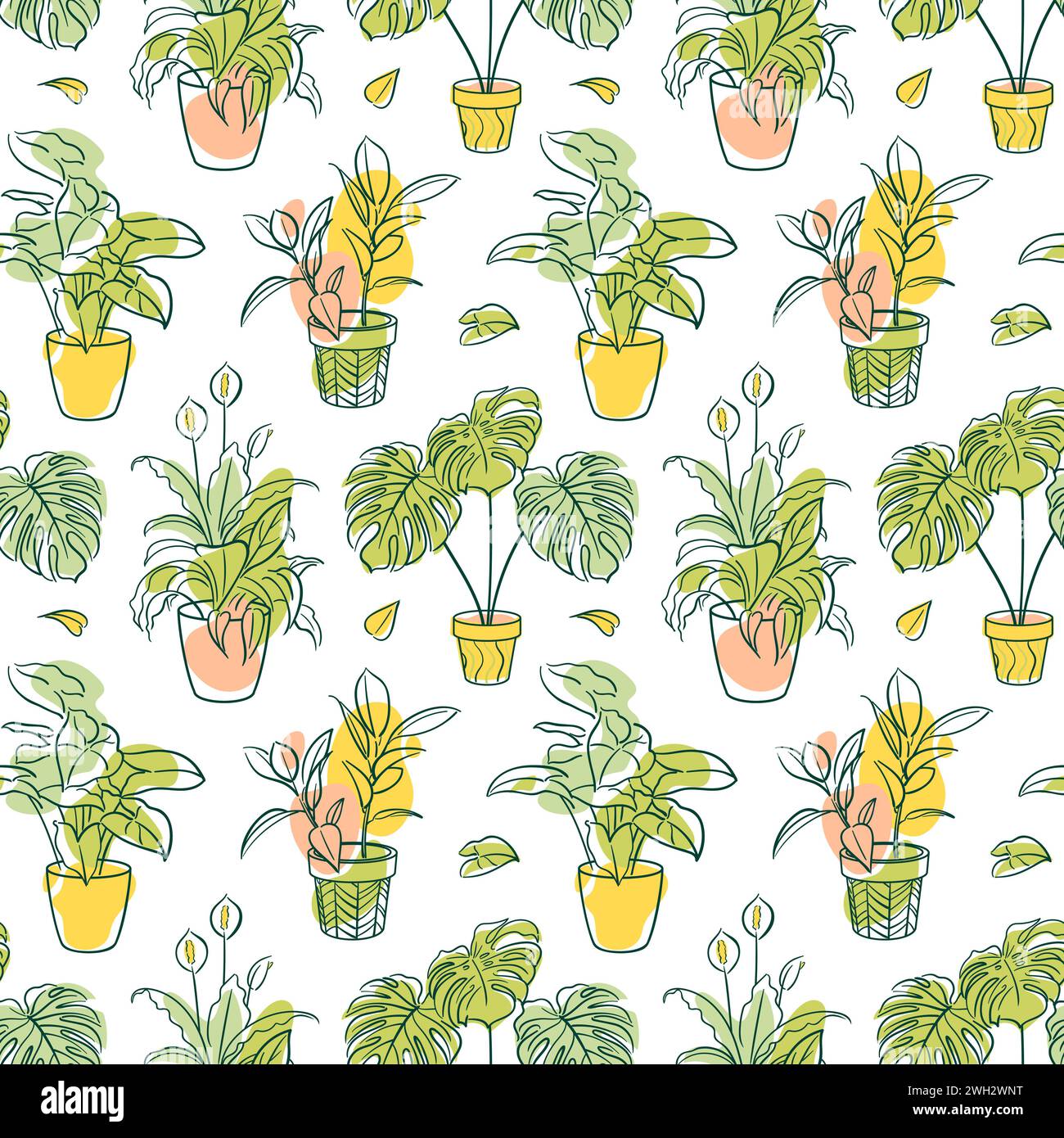Ficus, Syngonium, Monstera, Spathiphyllum. Nahtloses Muster. Exotische Pflanze im Topf. Häusliche Blumenzucht, Hauspflanzen, Hobby. Botanische Abbildung in Stock Vektor