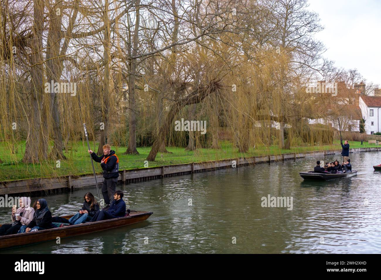 Touristen, die gerne beim Bohren an weinenden Weiden auf dem Fluss Cam in Cambridge, Großbritannien, vorbeifahren Stockfoto