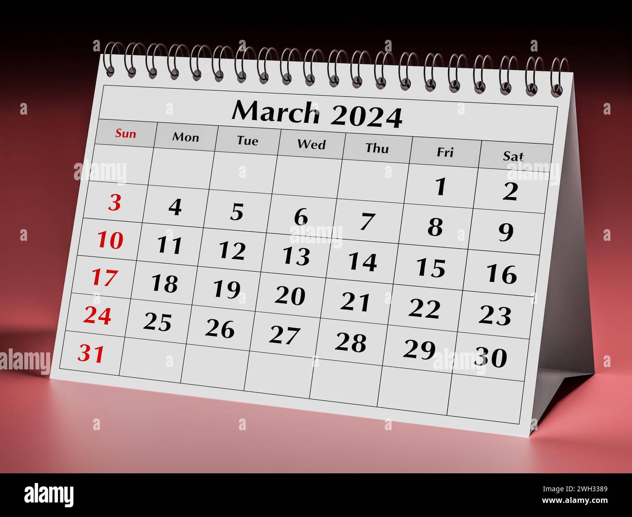 März 2024-Kalender. Eine Seite des jährlichen Business Desk-Monatskalenders im Frühjahr Stockfoto