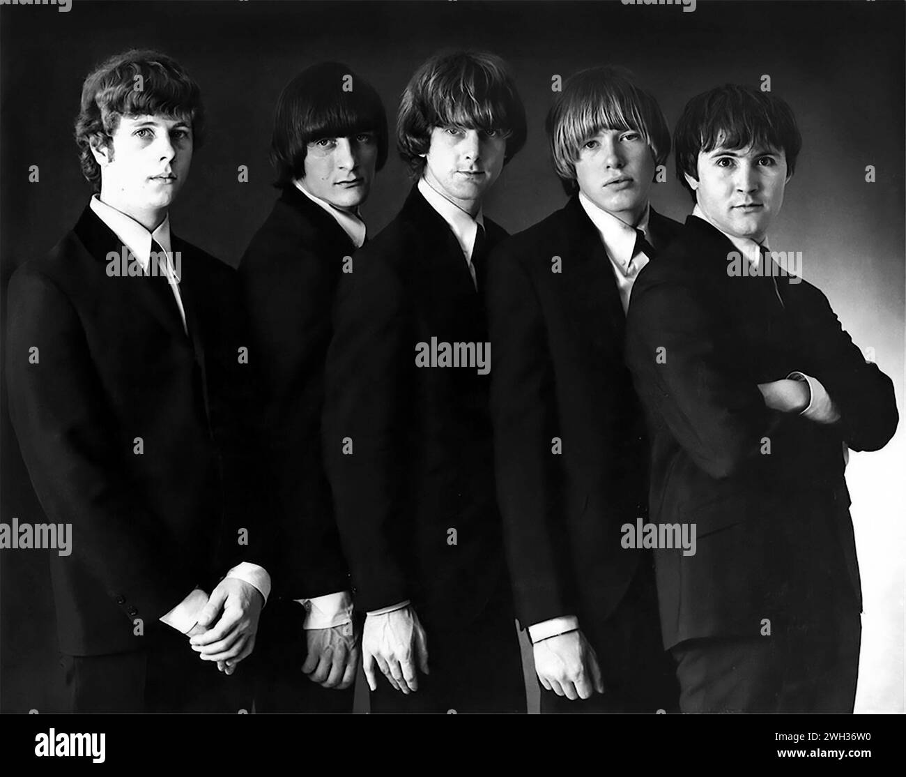 Die Byrds. Foto der amerikanischen Rockband 1965. Von links nach rechts: Chris Hillman, Gene Clark, Roger McGuinn, Michael Clarke und David Crosby. Stockfoto